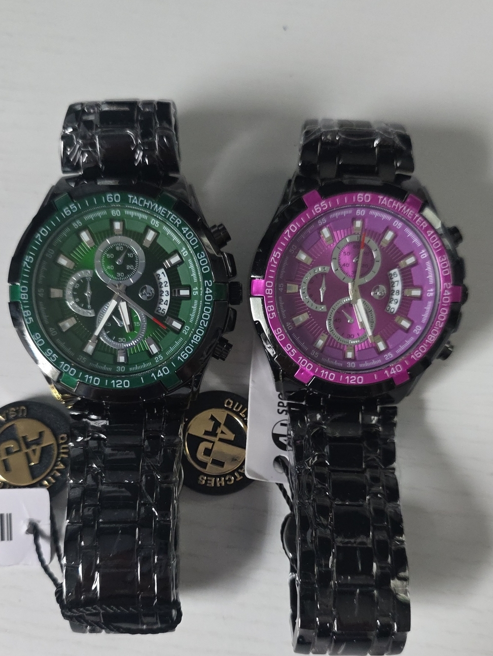 391.  Pair of Black Watches with Green and Purple Dials 45mm